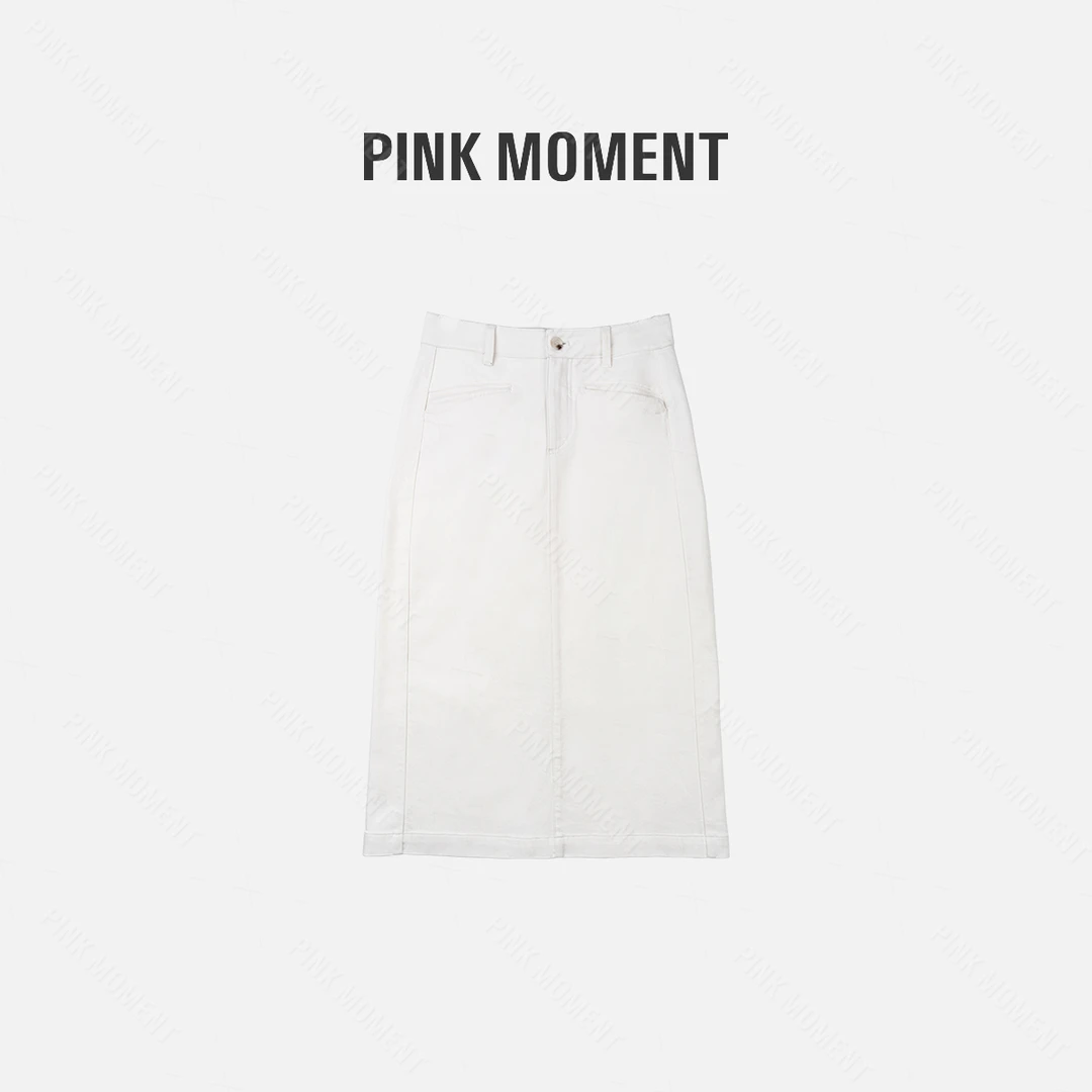 PM王囡囡 白色一字口袋后开叉牛仔裙 ND1B0954