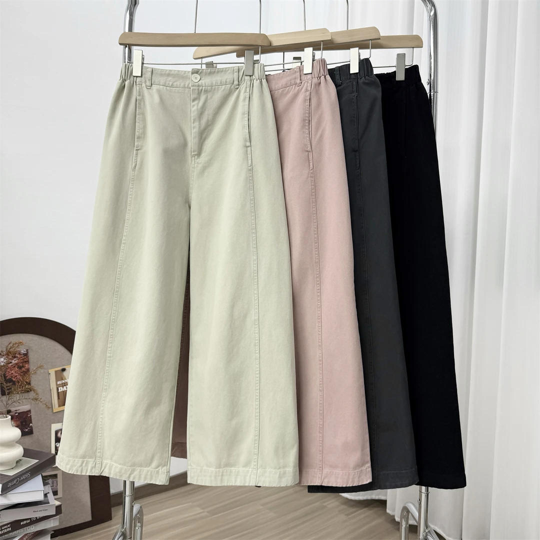 做旧一粒扣半松紧腰休闲裤女宽松大版百搭显瘦遮肉垂感春秋长裤子