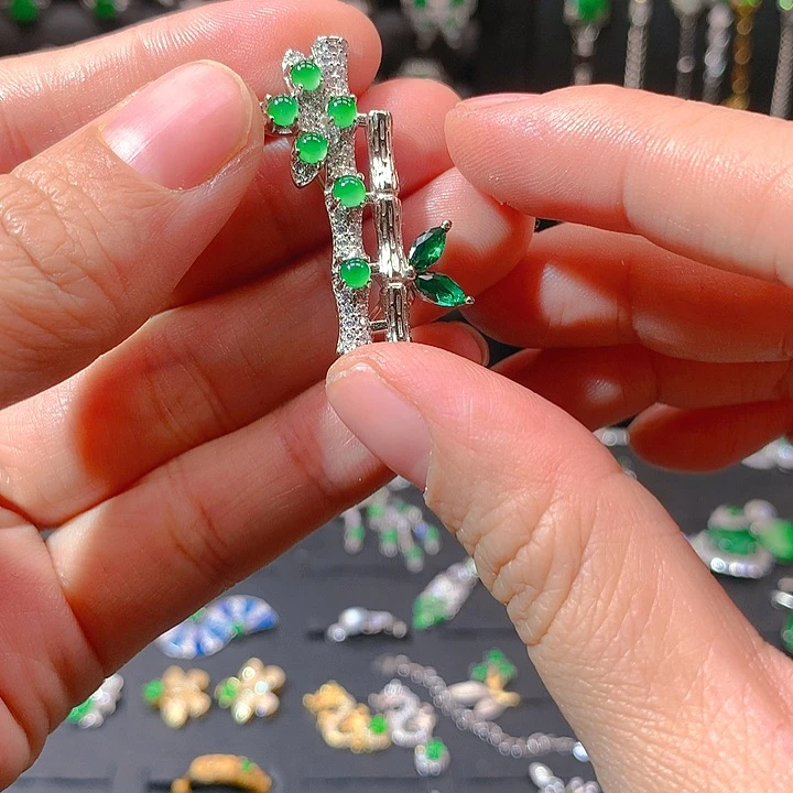 翡翠戒指银S925镶嵌胸针