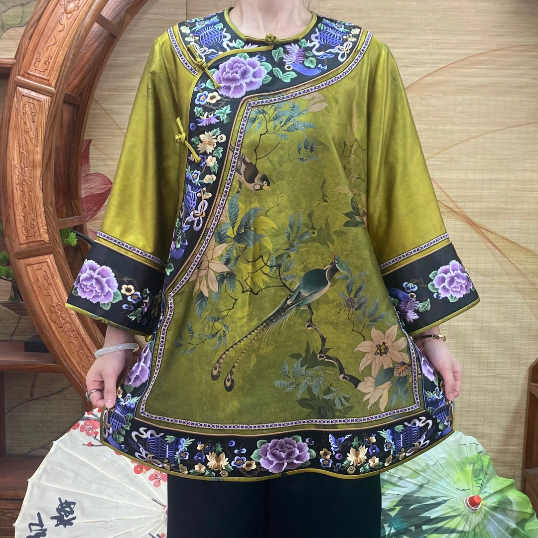 70姆米100桑蚕丝苏绣贴边绿底喜上枝头太太服新中式