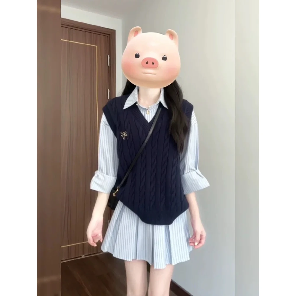 韩系新款学院风藏青针织背心马夹衬衫连衣A字裙两件套装小个子春