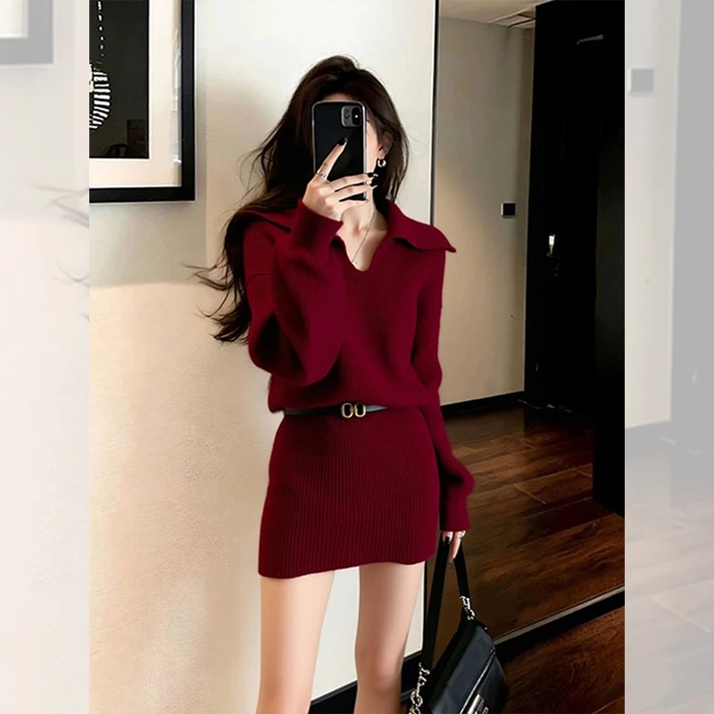 独特漂亮小衫女秋冬别致独特小上衣本命年红色翻领针织包臀连衣裙