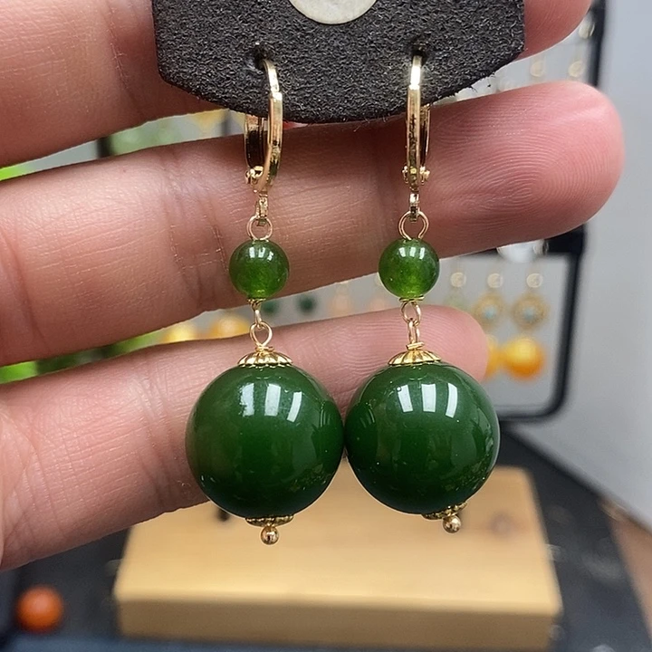 和田玉银S925镀金镶嵌耳饰尺寸16mm