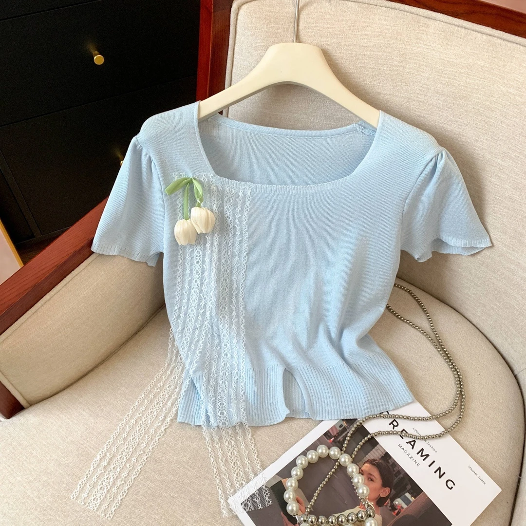 法式小众不撞款甜美清纯郁金香立体花朵淑女气质甜美百搭上衣