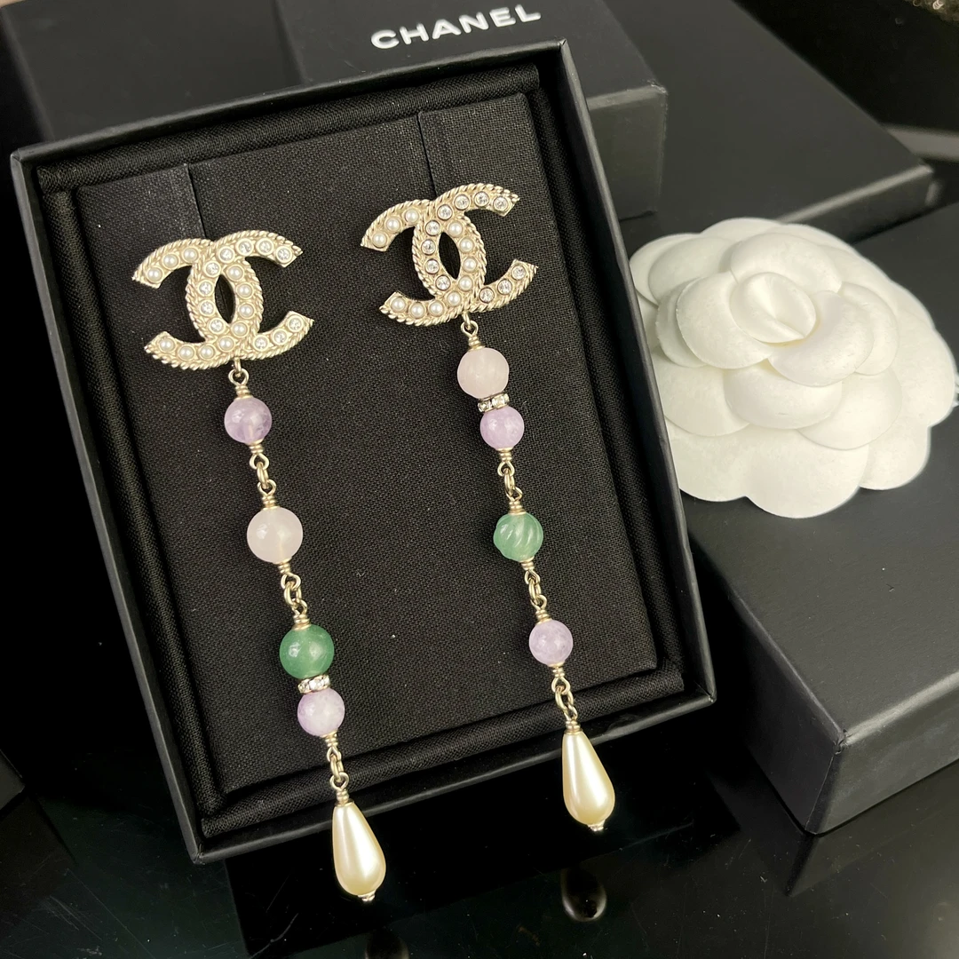 全新未使用 Chanel/香奈儿 经典双C 粉紫绿琉璃珍珠ab款耳环S4594