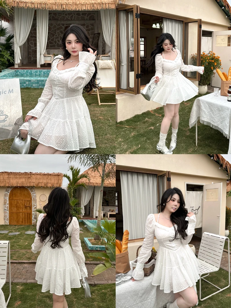 【大小姐】现货”雪盐白巧“春季法式甜美收腰显瘦方领花瓣长袖蕾丝裙