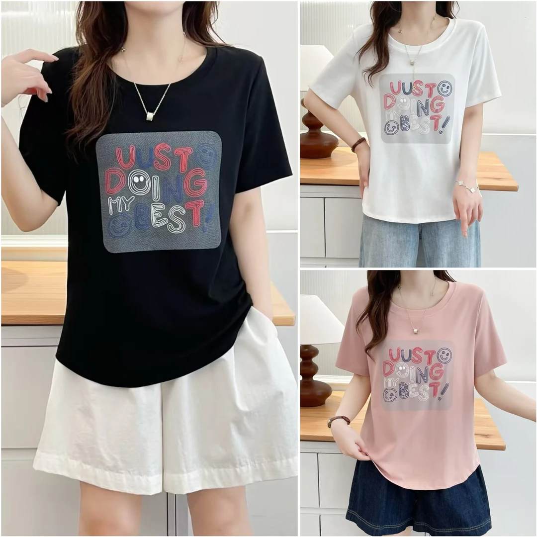 梦冬佳--110-195斤大码女装宽松显瘦百搭发泡字母休闲短袖T恤上衣