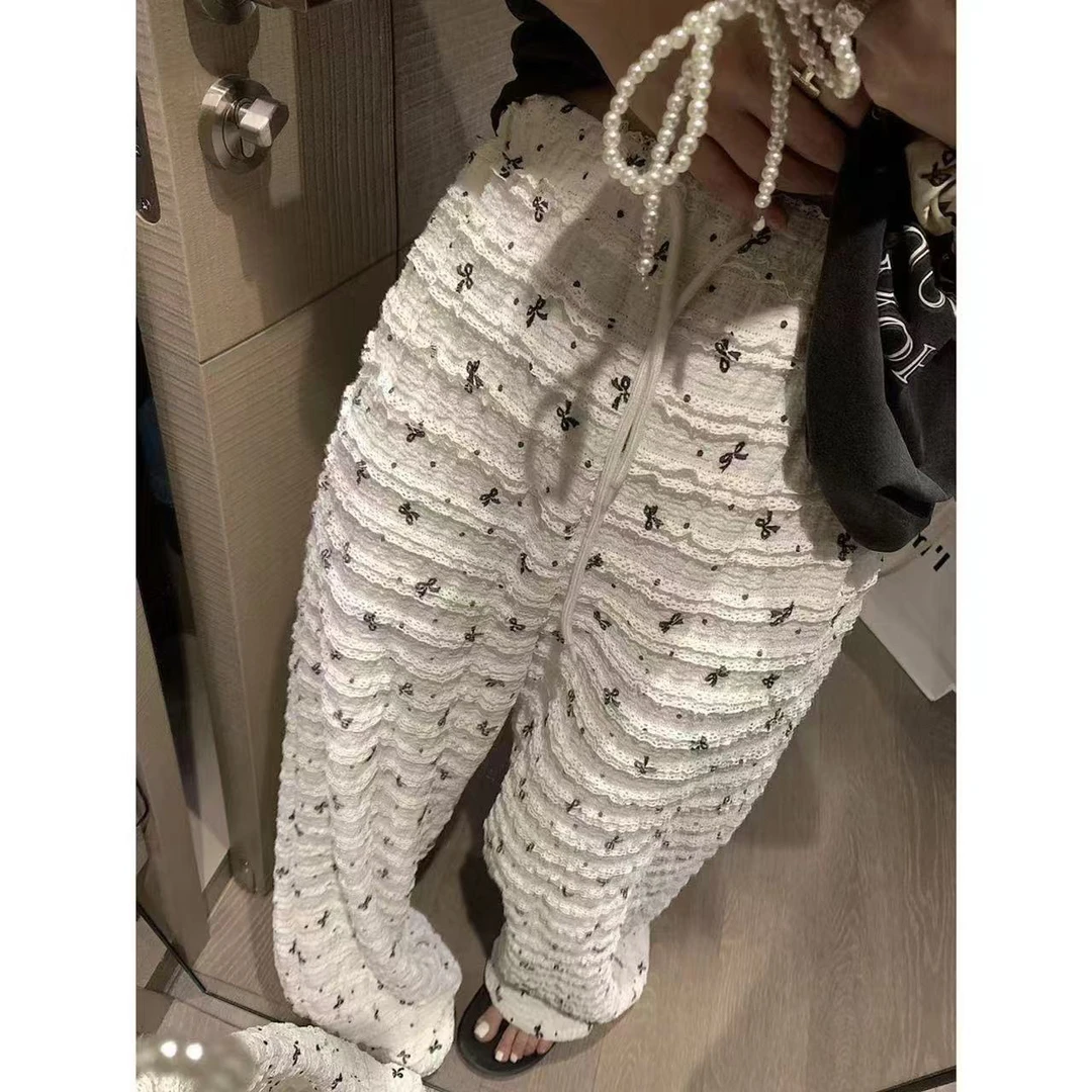 大脸喵 蝴蝶结 钩花蕾丝休闲裤女夏季新款直筒阔腿裤显瘦百搭长裤