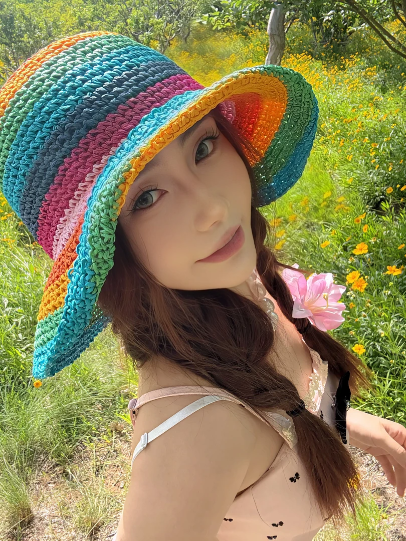 Olymm韩版ins风彩虹条渔夫帽户外网红遮阳帽多色手勾草帽帽子潮