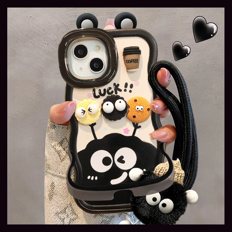 煤球咖啡公仔适用苹果15华为oppo/vivo小米iPhone16双支架手机壳