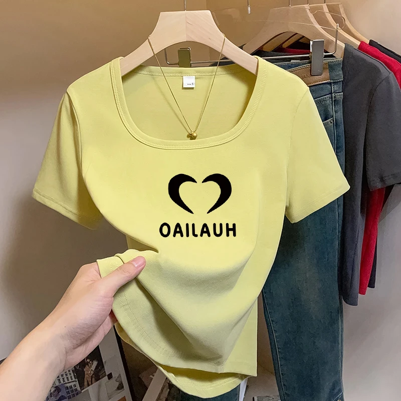 方领短袖女t恤夏季新款高级感不规则弧形下摆简约百搭U领正肩上衣