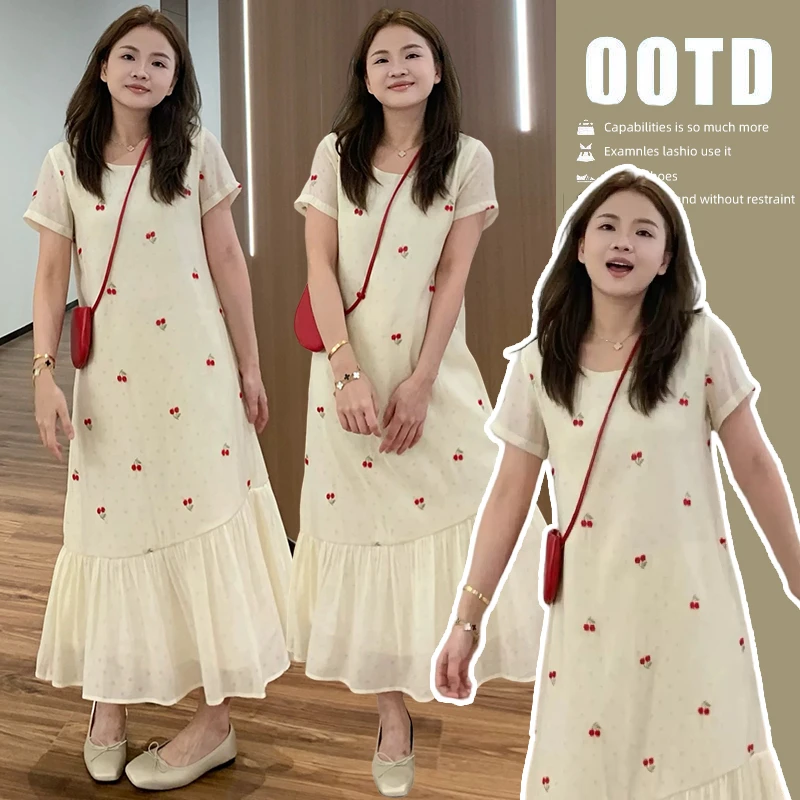 2025夏季新款百搭圆领温柔甜美樱桃刺绣度假风时尚连衣裙