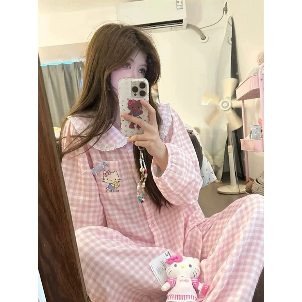 可爱粉格卡通猫睡衣女春秋季长袖娃娃领可爱少女家居服套装可外穿