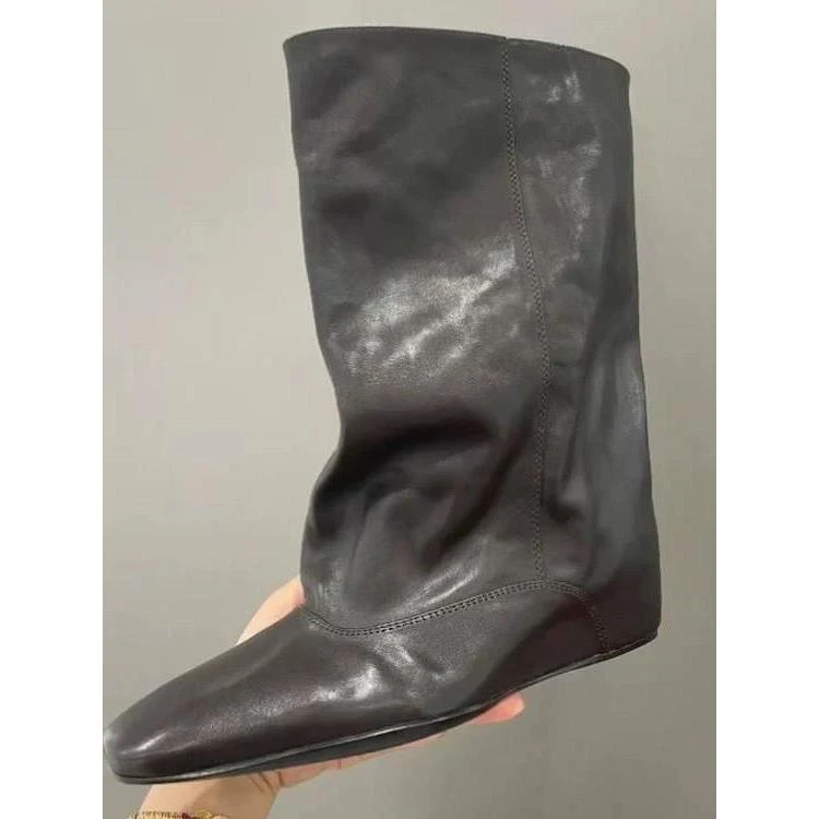 羊皮版~英伦风褶皱感方头内增高宽筒中筒靴女2025秋冬新款骑士靴
