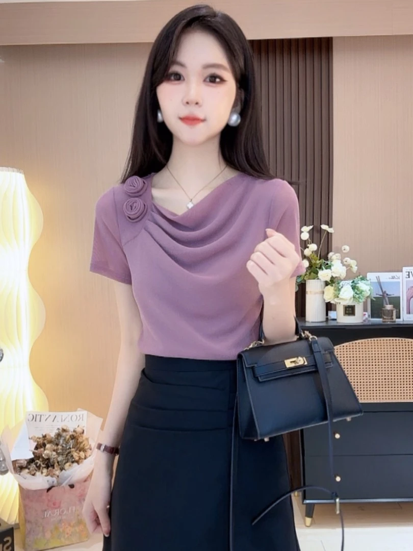 显瘦打底拼接时尚宽松型T恤堆堆领百搭烫钻短款