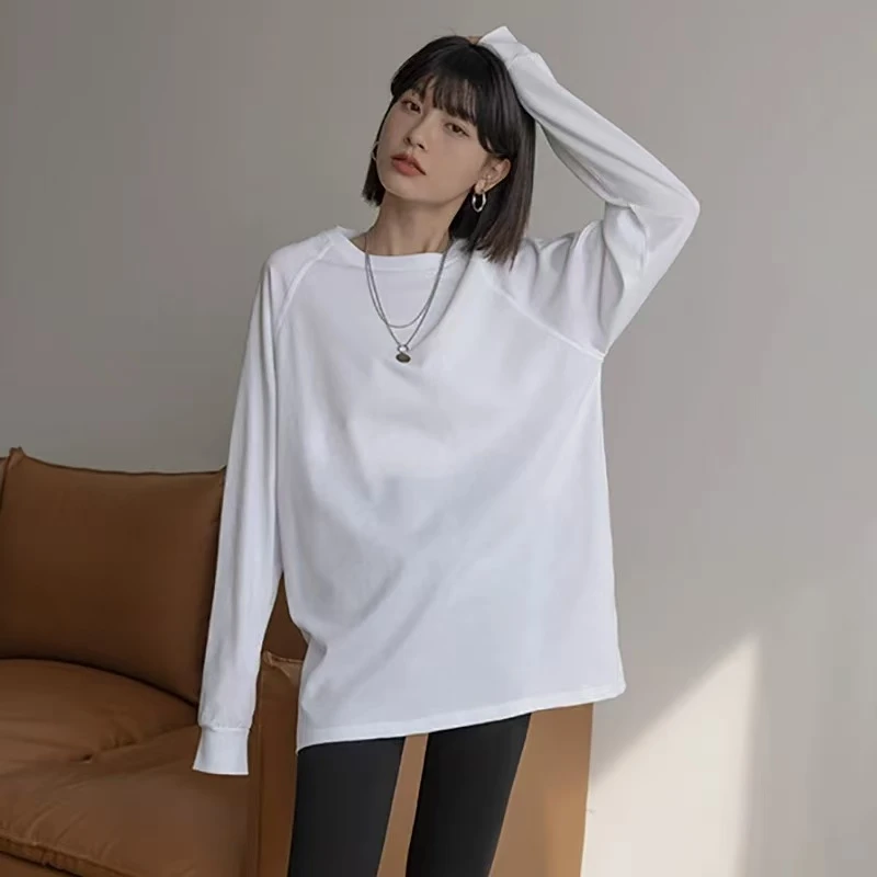 1034 20秋冬慵懒T恤女长袖宽松中长款春秋叠穿内搭打底衫