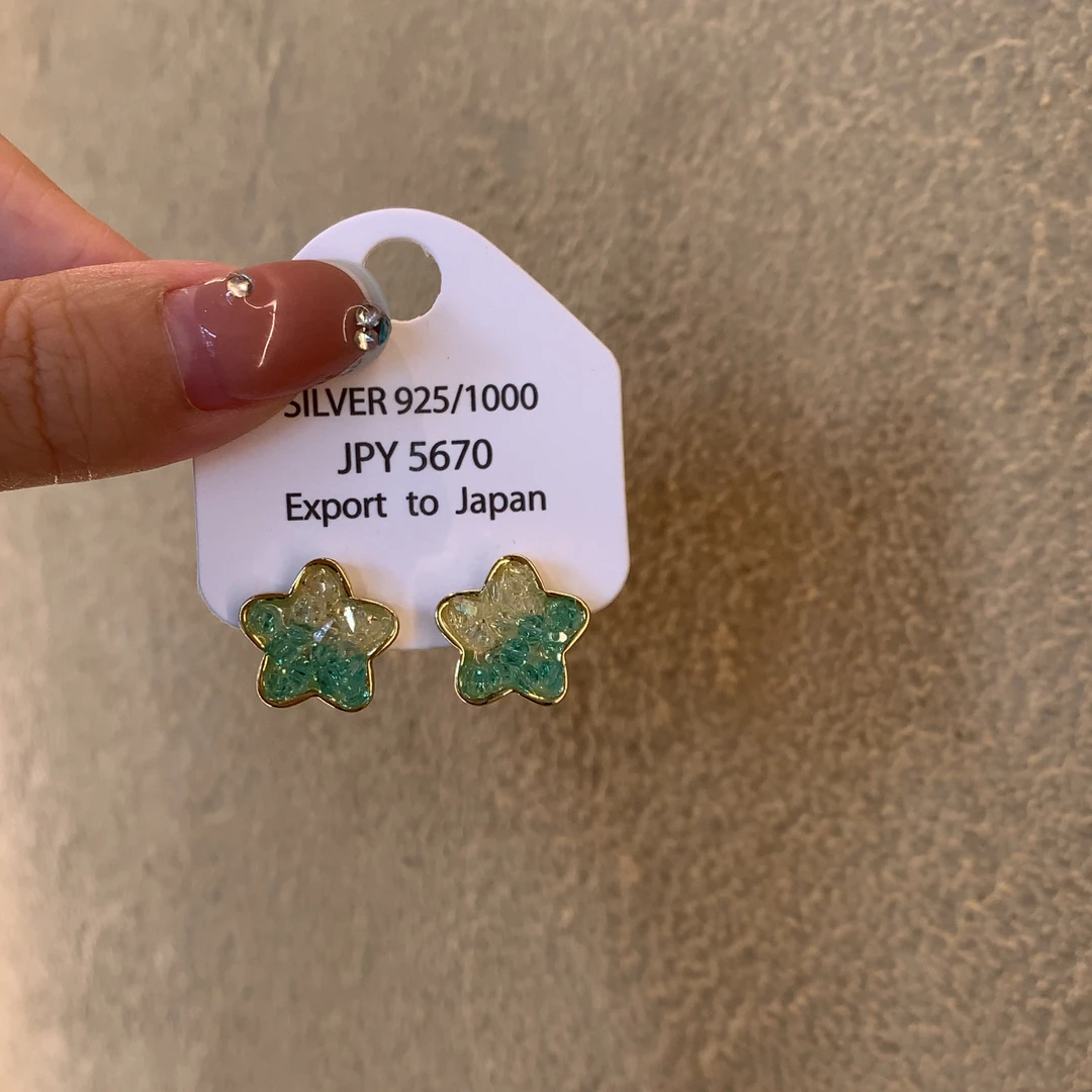 合金仿水晶耳饰 「海底星空」冰透星星耳钉绿色小巧精致甜美五角星