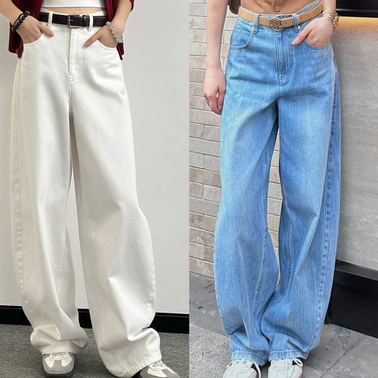 AMASS/阿玛施新款复古白色弯刀水洗扎花阔腿宽松小个子秋季裤子