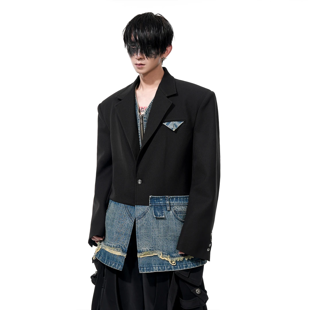 STARTEXCEEDEND 小众设计假俩件拼接牛仔西装外套男痞帅廓形西服