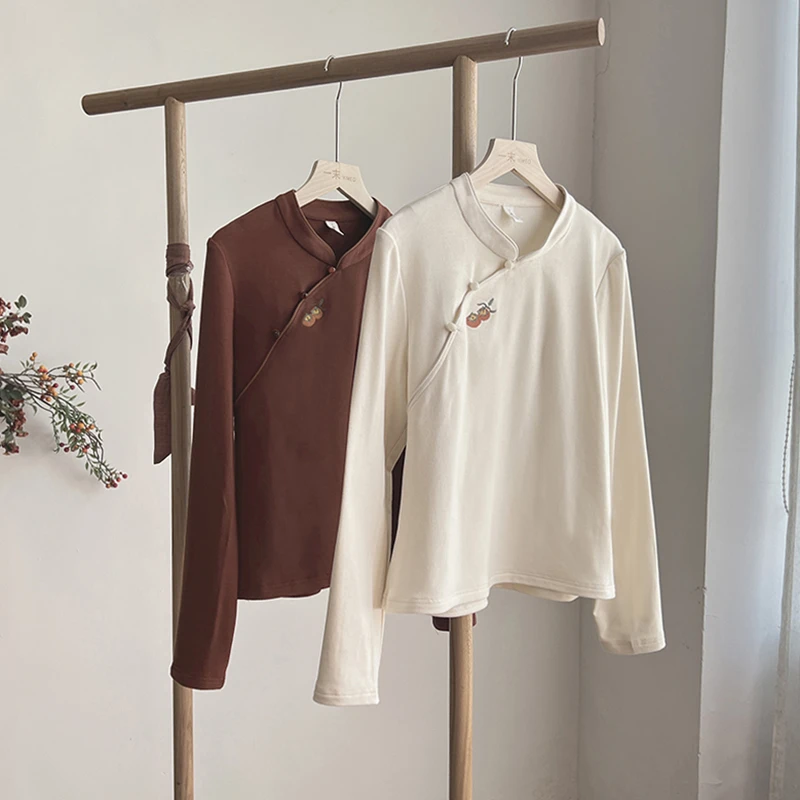 4255《事事如意》原创秋冬国风立领斜襟打底衫气质重工绣花上衣