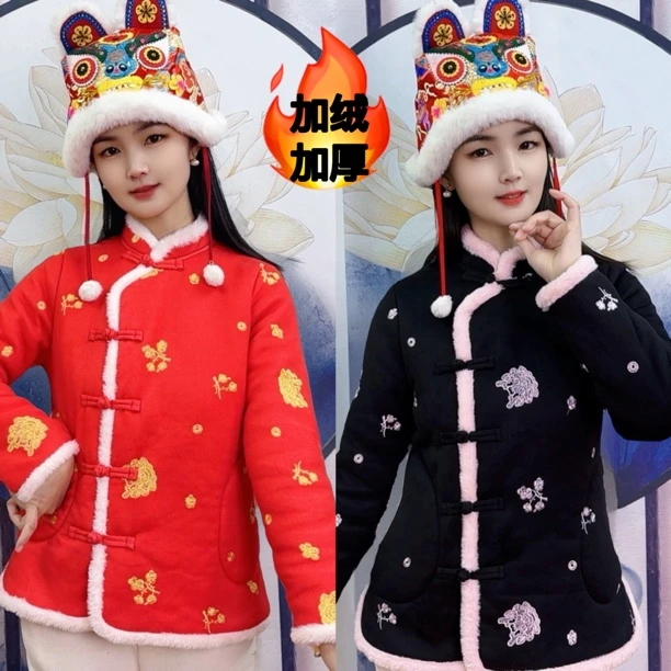 冬季新款棉袄加绒加厚花棉袄网红偏襟盘扣小花袄洋气时尚保暖棉衣