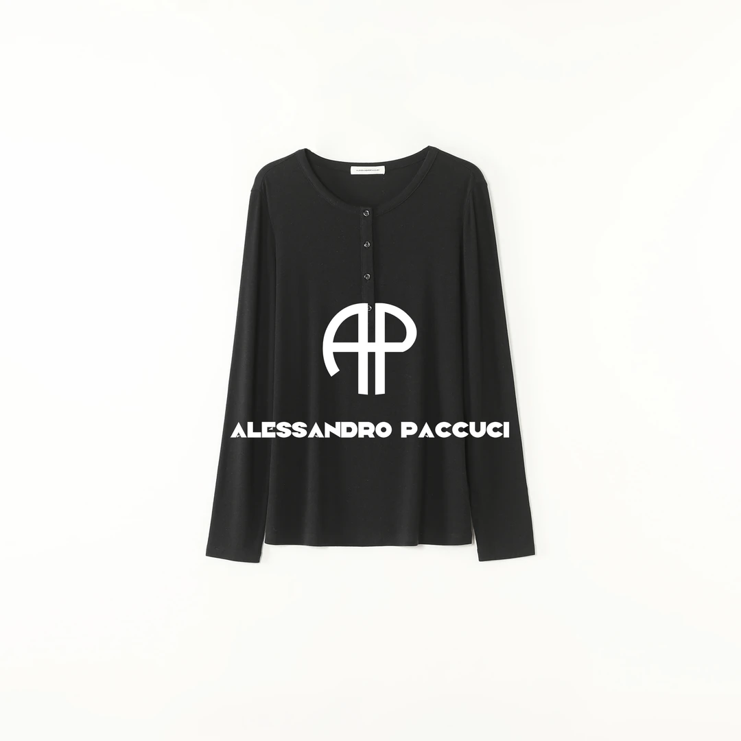 AP洛哥53144TT【半开襟】莱赛尔+山羊绒罗纹贝壳扣长袖时尚百搭T恤