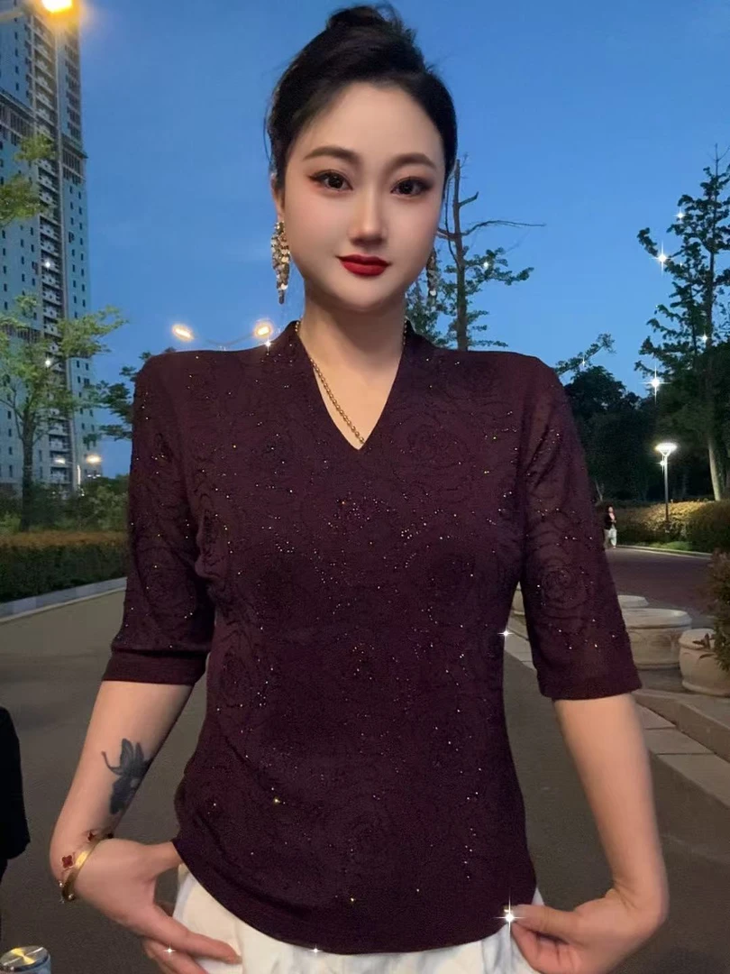 【25#新花爆款】玫瑰花短袖T恤烫钻欧货显瘦百搭上衣休闲打底衫