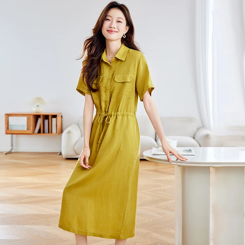 时尚衬衫连衣裙女2025年夏季新款宽松大码纯色短袖收腰显瘦长裙子