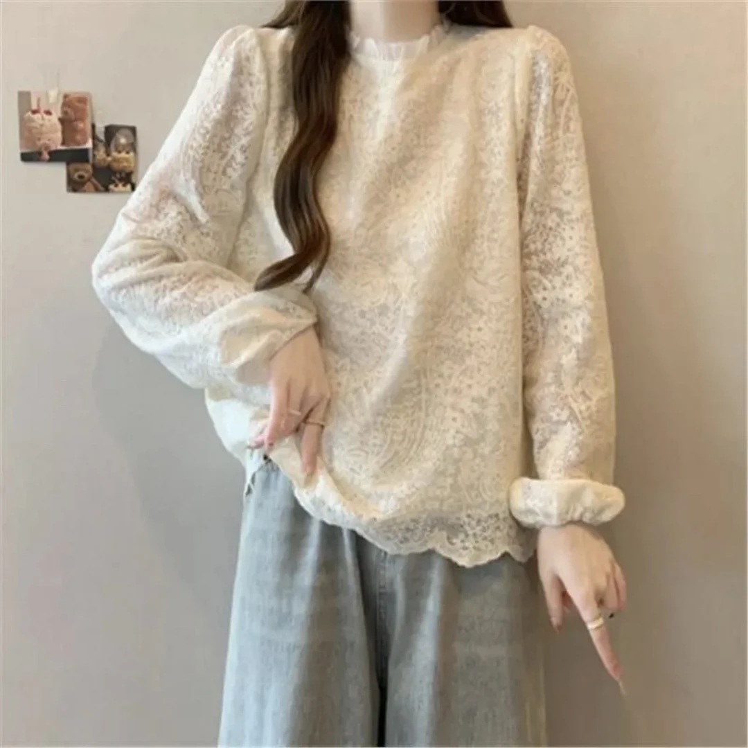 382#新款春款花边领蕾丝小衫微透女上衣