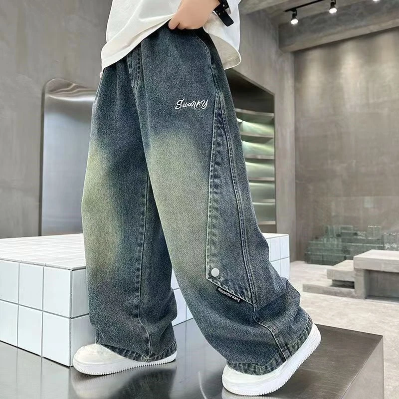 男童裤子春秋牛仔裤直筒休闲裤儿童宽松阔腿裤中大童帅气柔软长裤