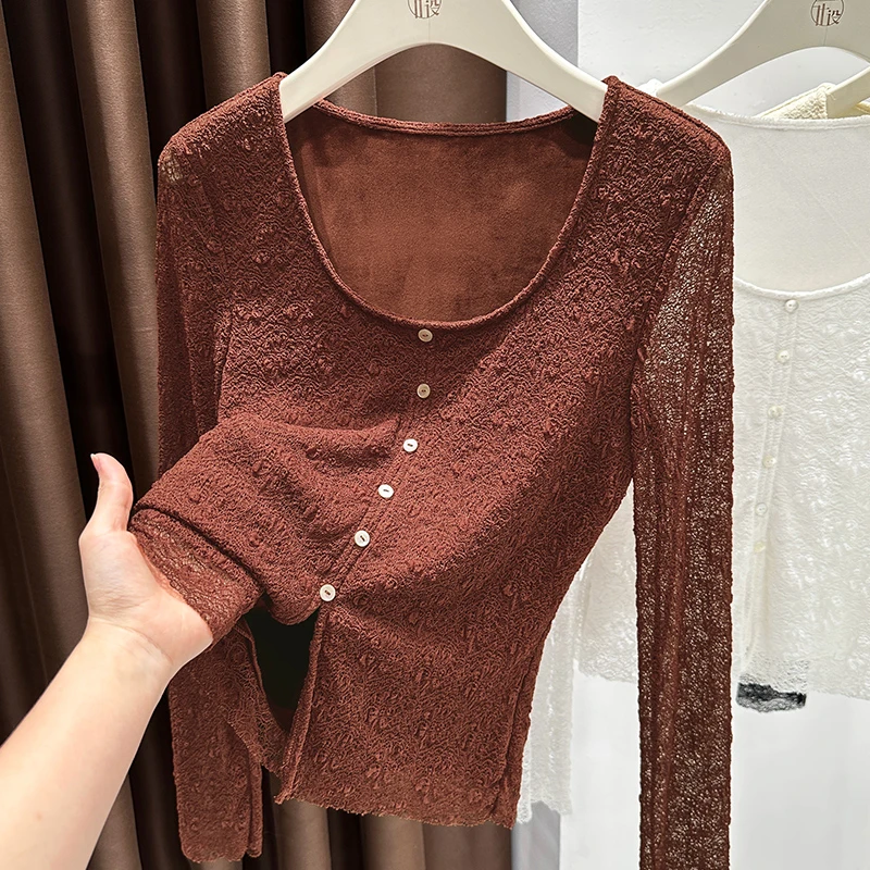 安可拉红U领长袖内搭上衣女2025秋冬新款纯欲风加绒提花蕾丝衫