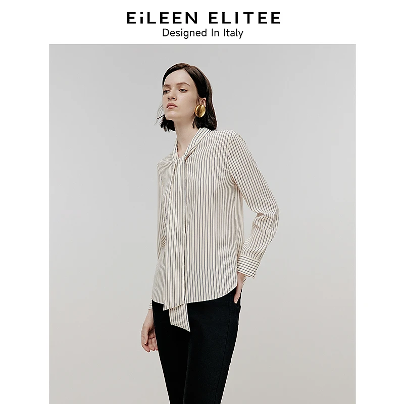 朗姿欧洲EiLEEN ELITEE2024冬季新款法式飘带领气质条纹衬衫上衣