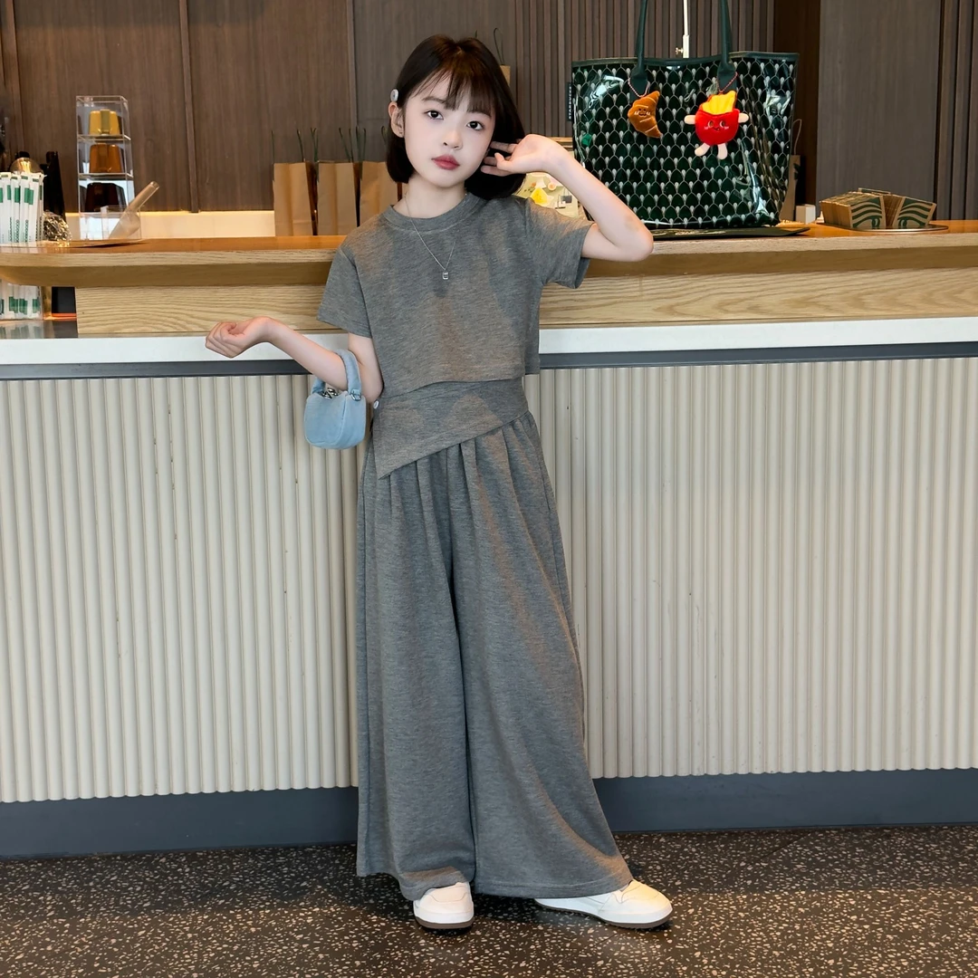 女童不规则T恤套装2025年款衣服儿童时尚短袖高腰直筒阔腿裤两件