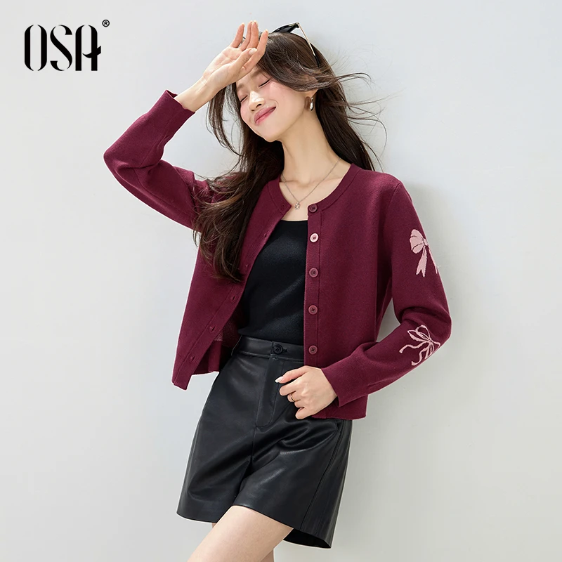 OSA/欧莎 拼色提花酒红色针织衫百搭圆领气质毛衣开衫S125C16056