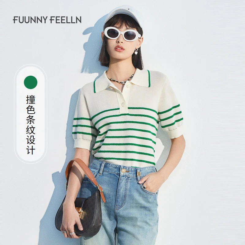 商场同款仿佛仿佛2024年夏季短袖条纹针织衫修身显瘦FZ01358时尚