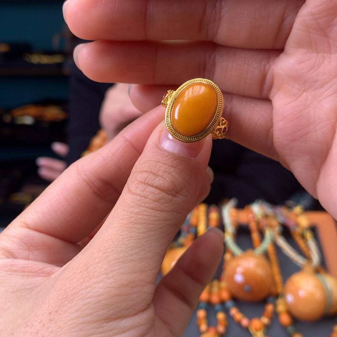 蜜蜡银S925镶嵌戒指天然