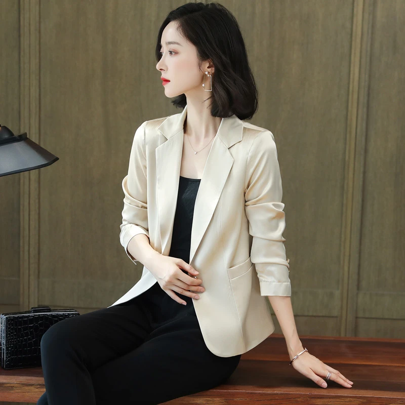 蚕丝西装外套女2024秋装新款气质轻熟职业修身显瘦缎面桑蚕丝西服