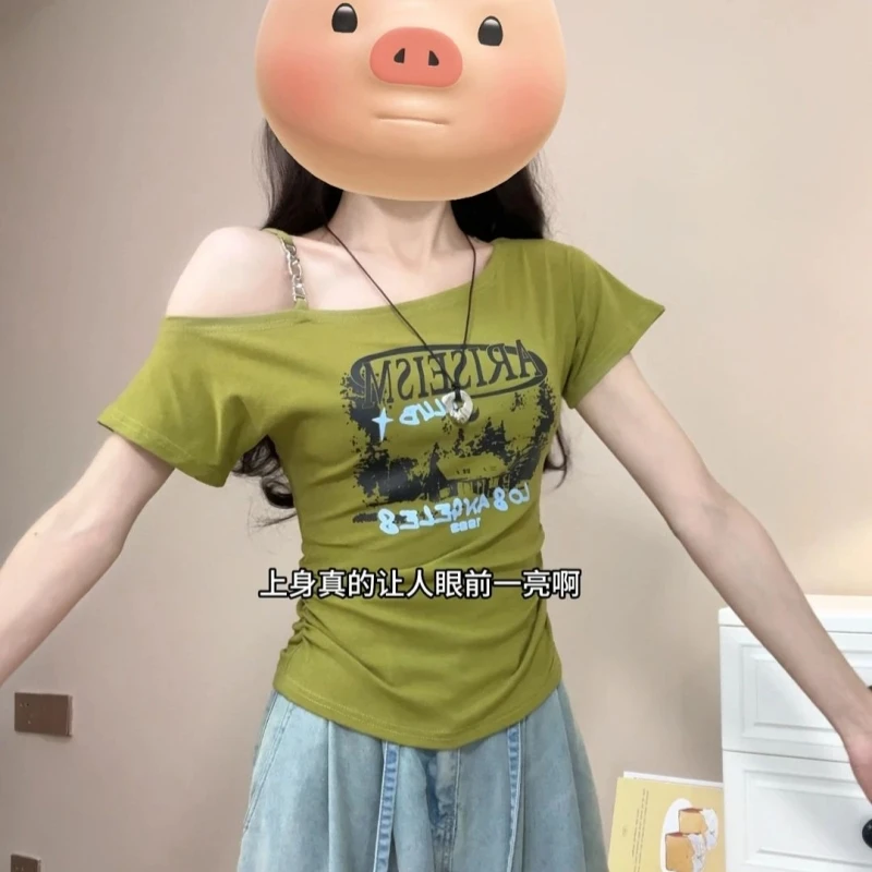 辣妹露肩字母印花字短袖T恤女夏季设计感小众修身显瘦斜领上衣潮