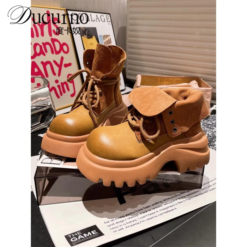 马丁靴女真皮系带翻领两穿机车靴短靴工装靴小个子7cm厚底大黄靴