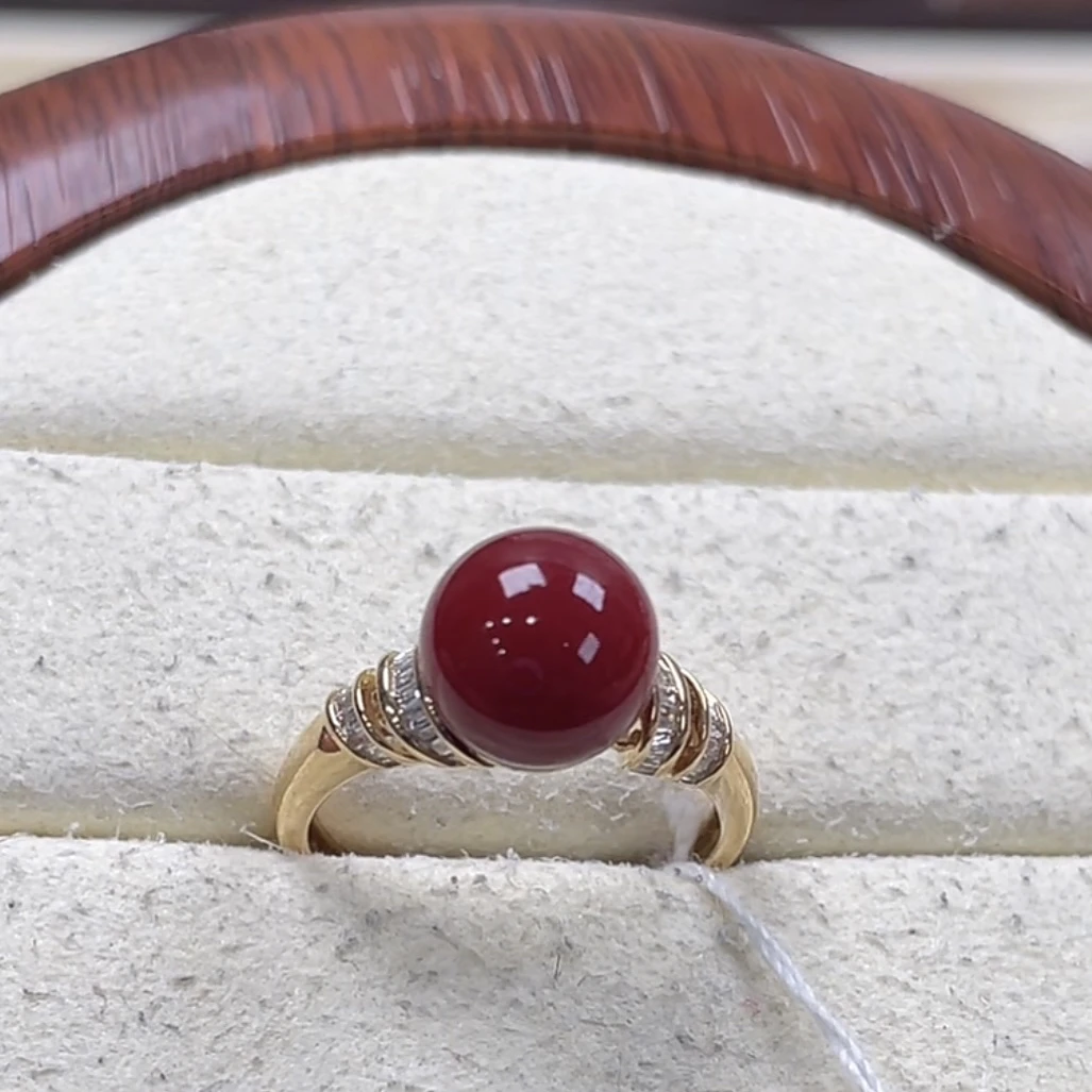 红珊瑚阿卡赤血色圆珠戒指18k