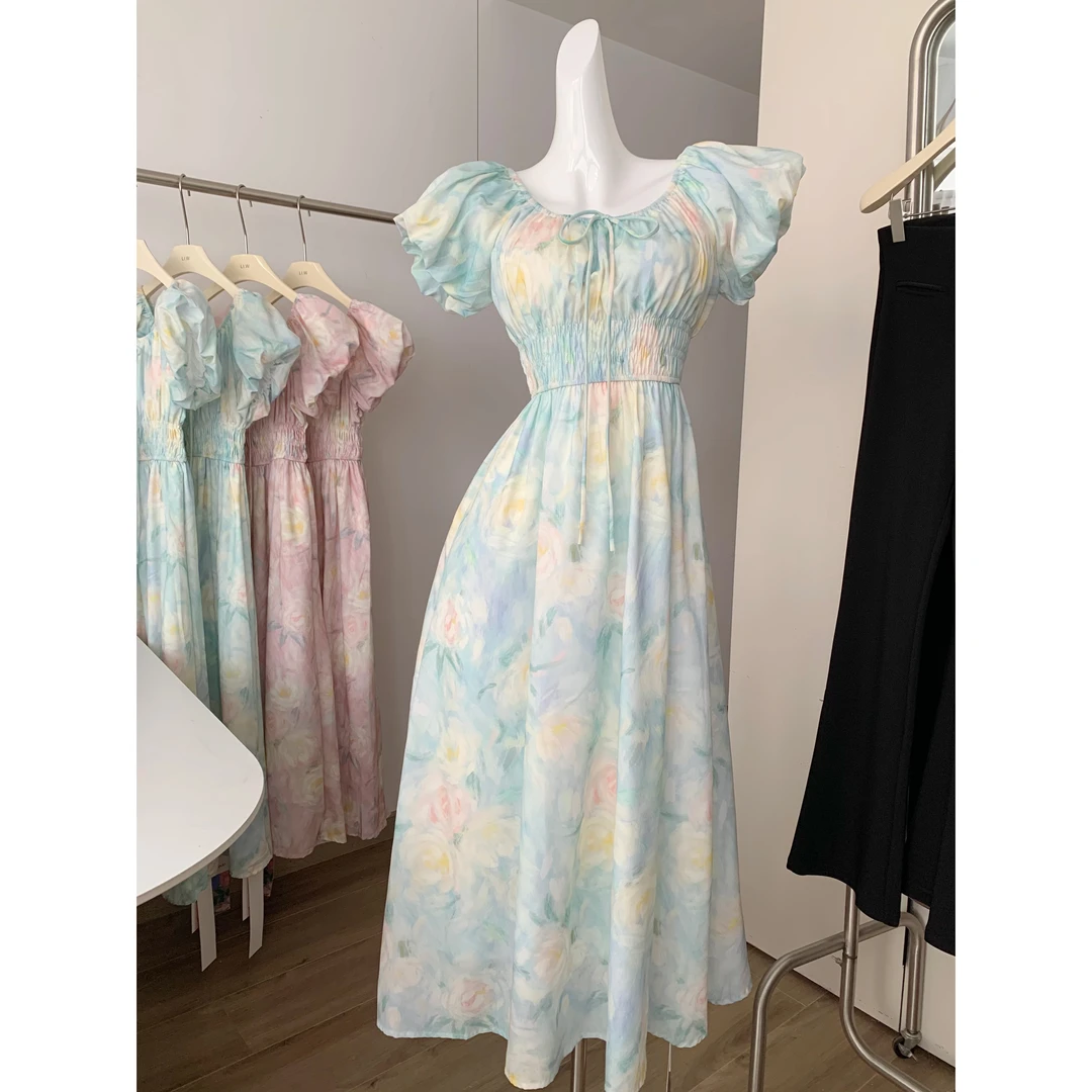 莫奈油画浅绿色碎花连衣裙女2025夏季新款法式小清新甜美温柔风