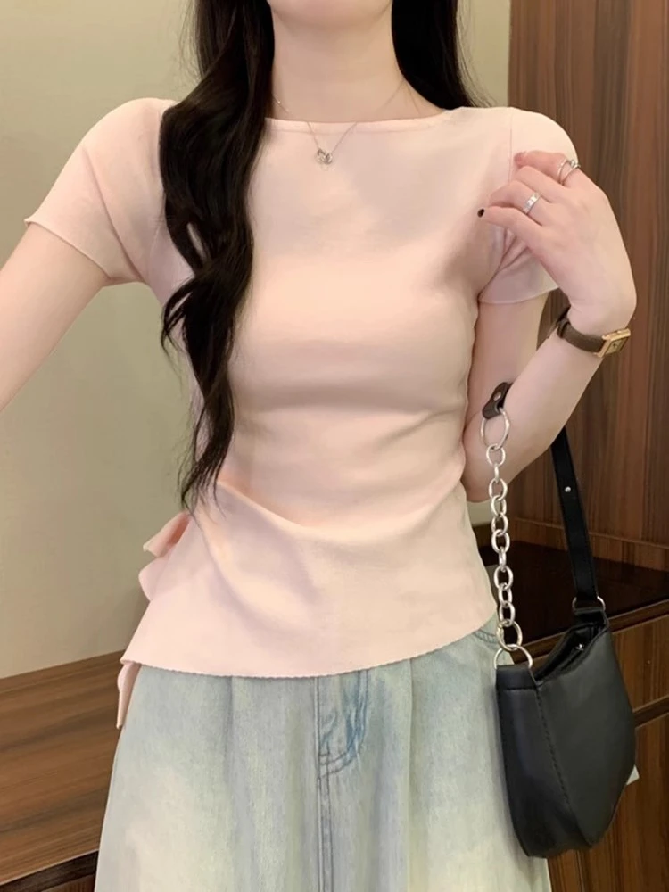 多巴胺粉色短袖上衣女夏季明媚独特漂亮清纯系掐腰T恤女上衣I3-58