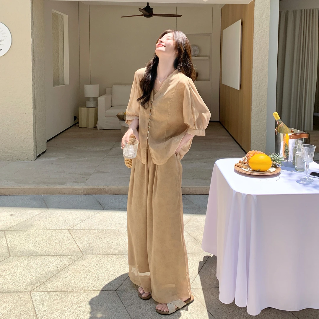 新中式国风套装女夏季2025新款清爽通勤穿搭衬衫阔腿裤气质两件套