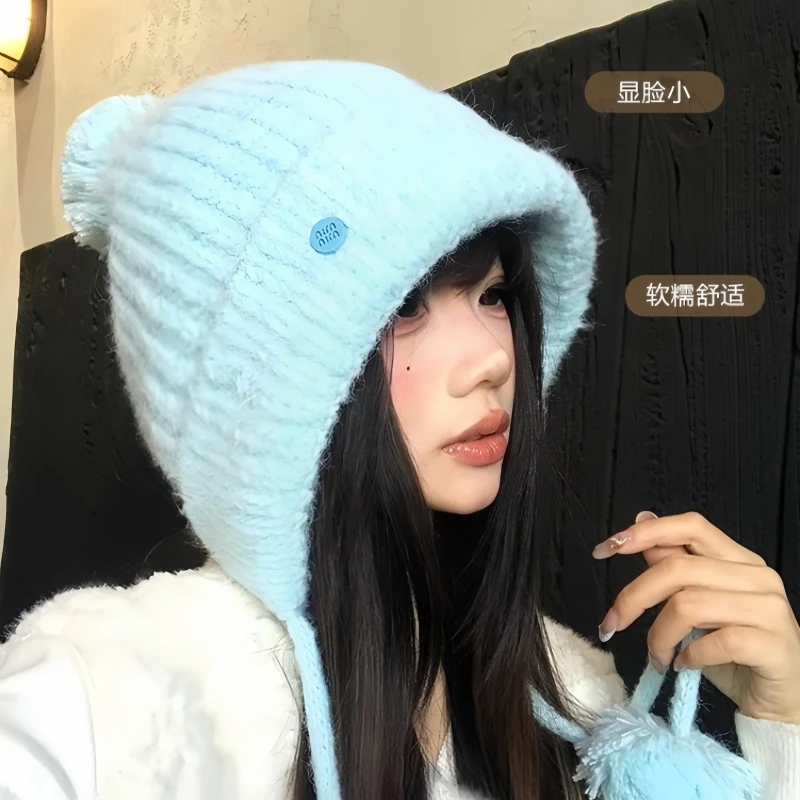 毛球针织护耳帽女秋冬韩版百搭显脸小毛线帽洋气加厚保暖包头帽子