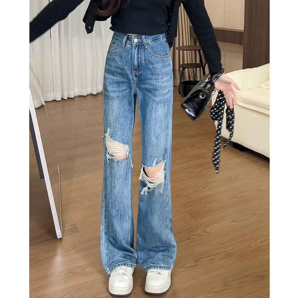 124美式微喇破洞牛仔裤女弹力2025秋季新款小个子高腰马蹄喇叭裤