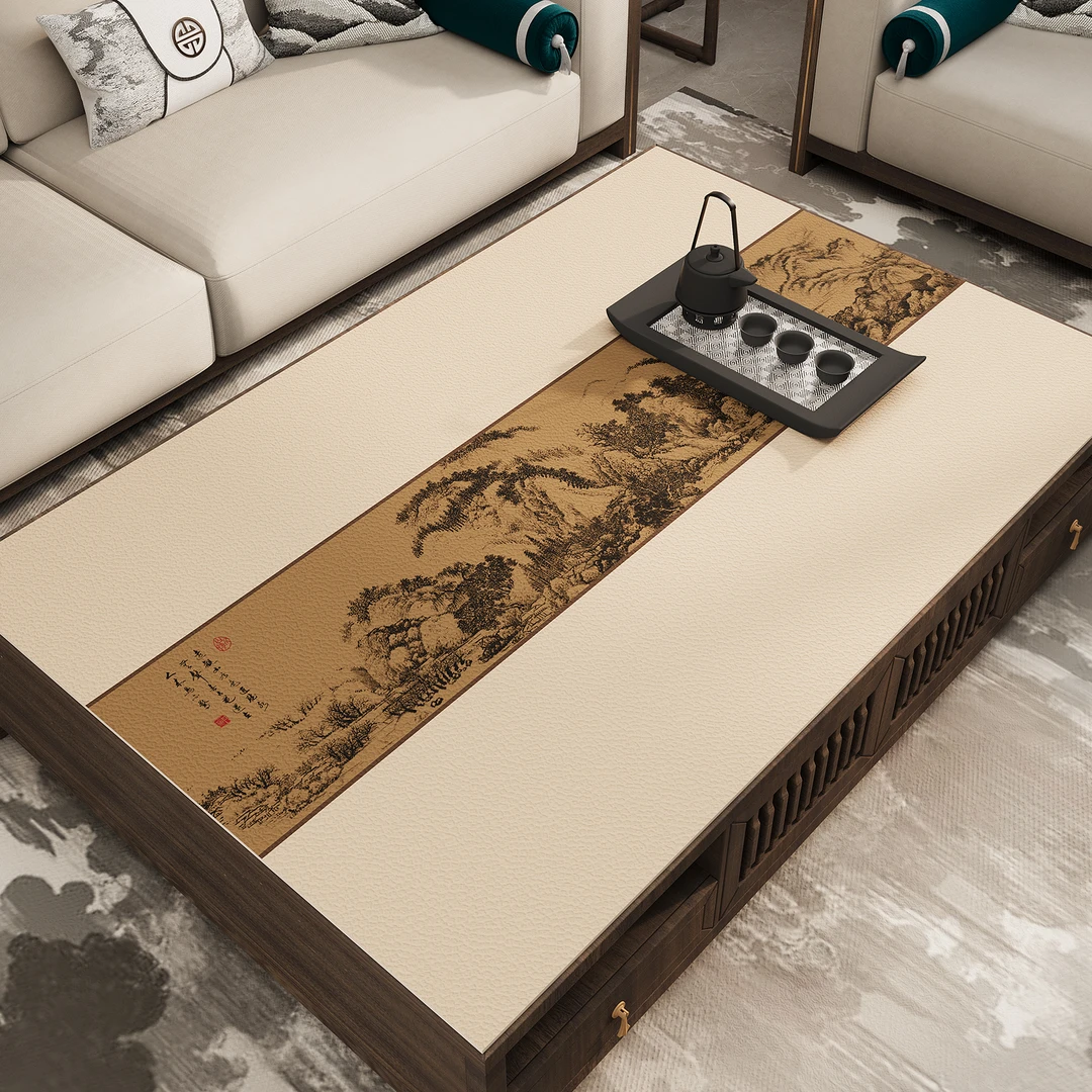 忘忧虫新中式餐桌垫皮革加厚防水防油茶几桌布茶室隔热台面垫