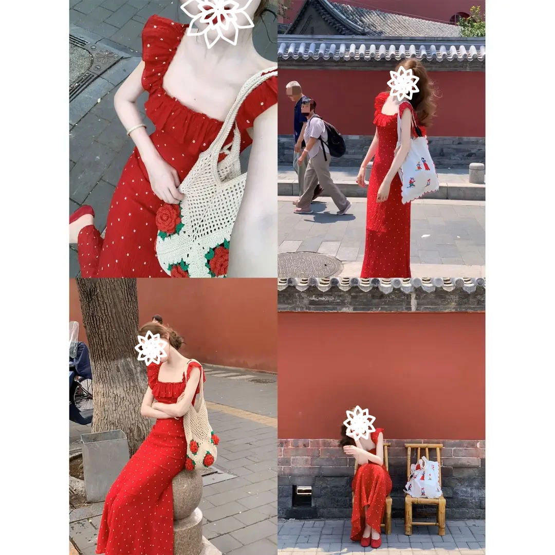 法式气质鱼尾长裙女夏季新款花边方领绝美红色波点收腰显瘦连衣裙