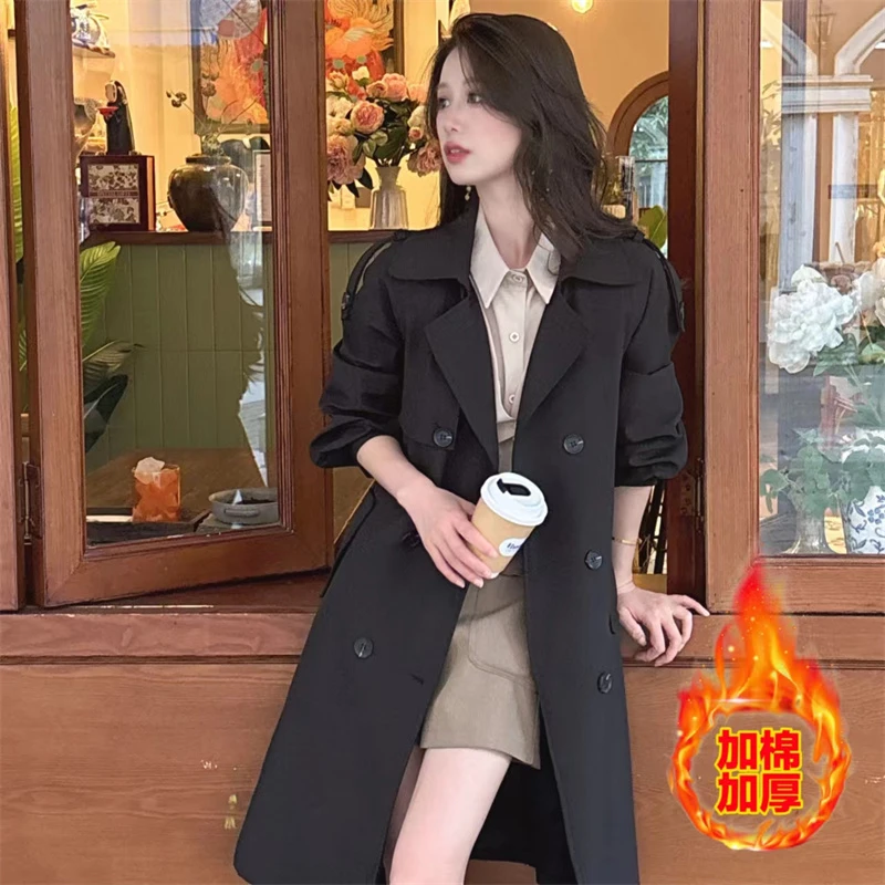 A-8577秋冬季加棉新款气质简约百搭长款夹棉风衣外套