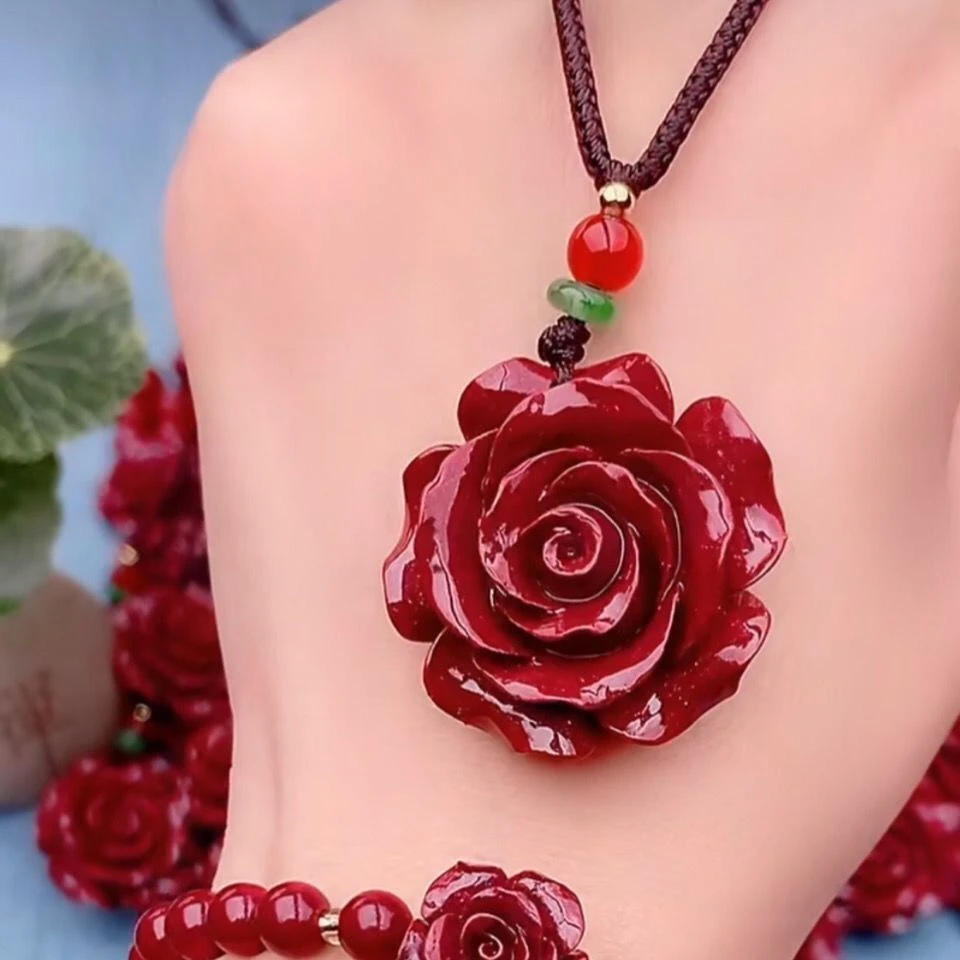 含辰砂工艺品玫瑰花朱砂吊坠高含量紫金砂挂件项链男女毛衣链