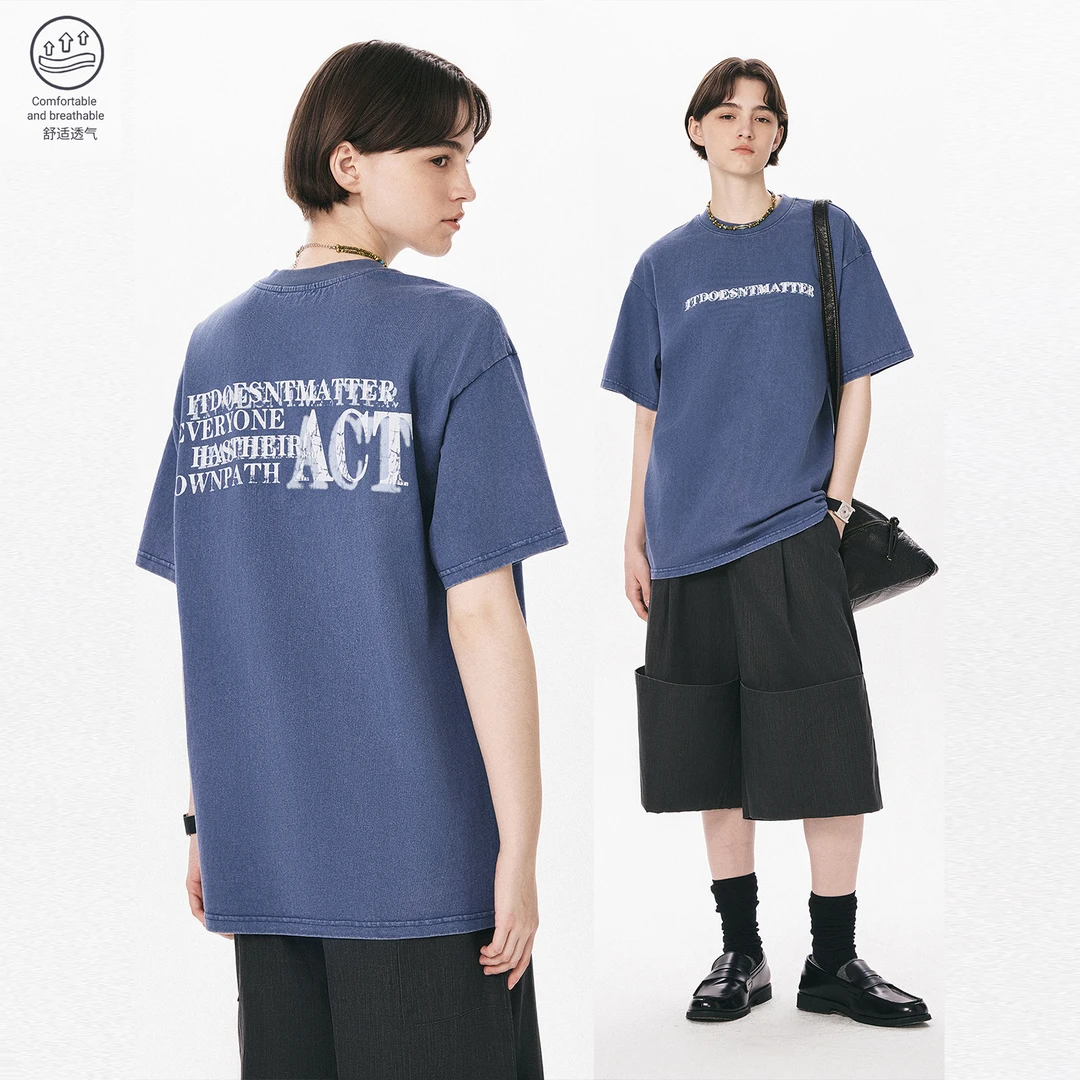 sameuoo散养文化“盐语”做旧宽松显瘦休闲舒适夏季通勤短袖夏T恤女